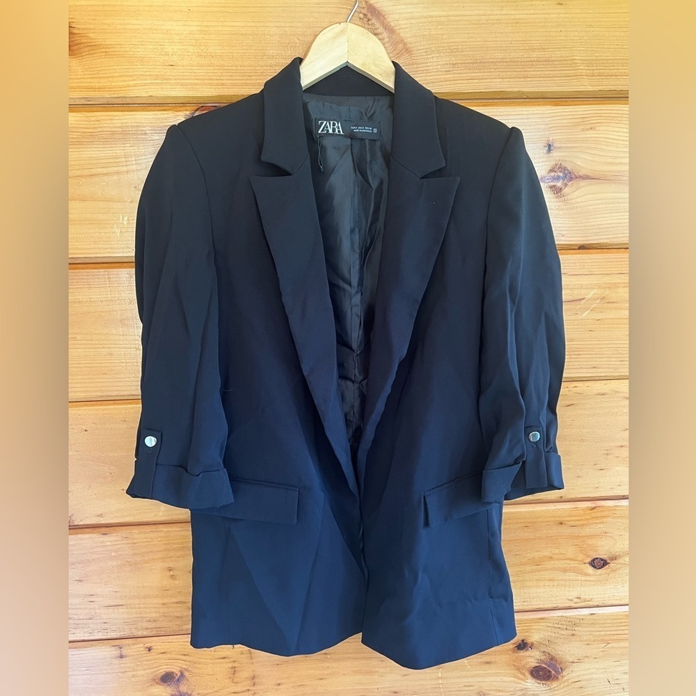 NWOT ZARA Lined 3/4 Sleeve Golden Buttons Black Jacket S